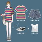 Short-sleeve Striped T-shirt / Frayed Washed Denim Shorts