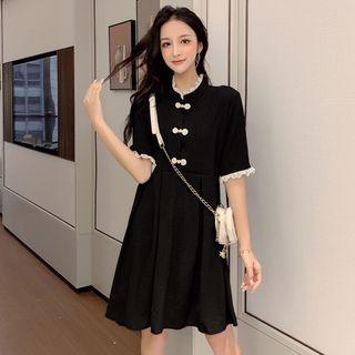 Lace Trim Plain Qipao Dress