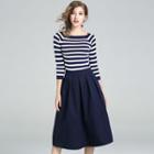 Set: Striped 3/4-sleeve Knit Top + A-line Midi Skirt