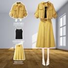 Set: Elbow-sleeve Plaid Shirt + Spaghetti Strap Top + A-line Midi Skirt