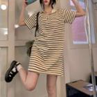 Short-sleeve Collar Striped T-shirt Dress Stripes - Black & White - One Size