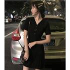 Short-sleeve Dress High-waist Medium Long A-line Skirt Black - One Size