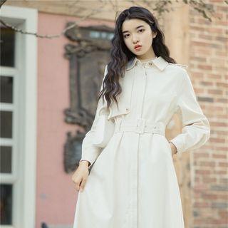 Belt-waist Buttoned Long Coat Beige - One Size
