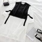 Long-sleeve Plain Shirt Dress / Drawstring Knit Vest