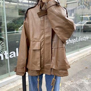 Faux Leather Pocket Detail Drawstring Jacket