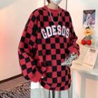 Lettering Embroidered Check Sweater