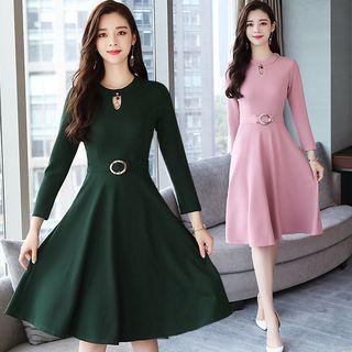 3/4-sleeve Keyhole Front A-line Mini Dress