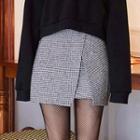 Buckle-waist Houndstooth Mini Wrap Skirt