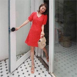 Puff-sleeve Polka-dot A-line Mini Dress