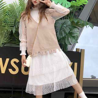 Ripped Knit Vest / Long-sleeve Midi Layered Mesh Dress