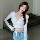 Long-sleeve Floral Print Cropped Wrap T-shirt Floral - White - One Size