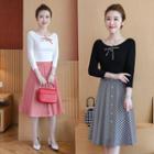 Set: 3/4-sleeve T-shirt + Plaid A-line Midi Skirt