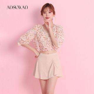 Set: Bikini Top + Floral Cover-up Top + Swim Skirt