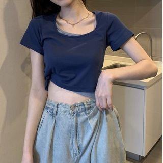 Mock Two-piece Short-sleeve Plain Crop Top