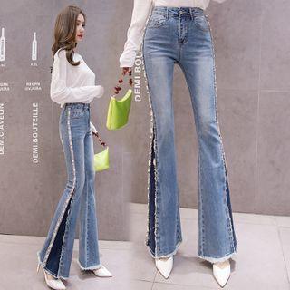 High-waist Faux Pearl Panel Boot-cut Jeans