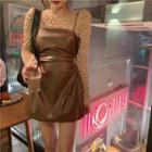 Set: Faux Leather Strappy A-line Dress + Long-sleeve T-shirt
