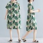 Short-sleeve Leaf Print A-line Dress Green - One Size