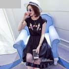 Printed Short Sleeve Mesh Hem A-line Dress