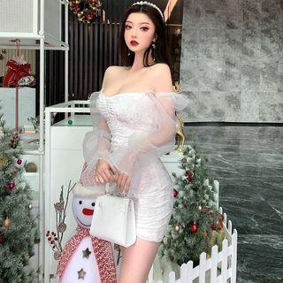 Balloon-sleeve Jacquard Mini Sheath Dress White - One Size