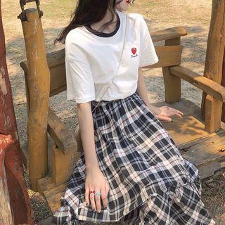 Set: Short-sleeve Embroidered T-shirt + Plaid Midi A-line Skirt Top - White - One Size / Skirt - Plaid - Black & White - One Size