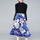 Set: Knit Top + Floral Print Accordion Pleat A-line Skirt