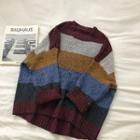 Color-block Striped Long-sleeve Sweater Wine Red - One Size