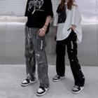Tie-dyed Letter Print Side Button Straight Cut Pants