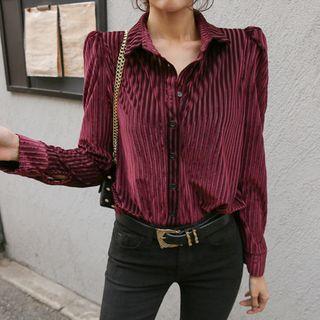 Puff-shoulder Stripe Velvet Blouse