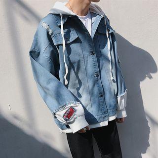 Mock-two-piece Distressed Hooded Denim Jacket