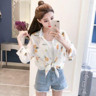 Set: Printed 3/4-sleeve Blouse + Camisole
