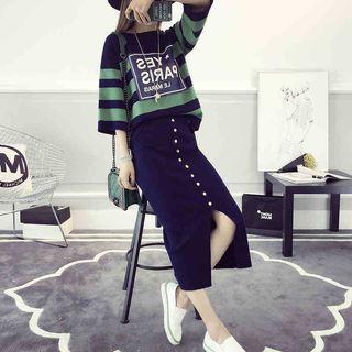 Set: Striped 3/4-sleeve Sweater + Buttoned Midi Skirt