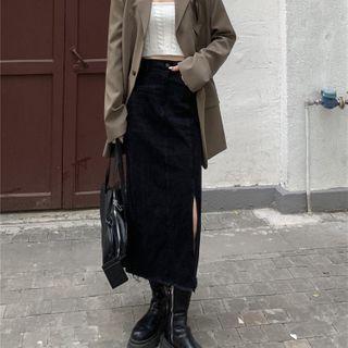 High-waist Straight-cut Slite-side Denim Skirt