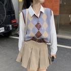 Argyle Knit Vest / Plain Shirt / Mini Pleated A-line Skirt