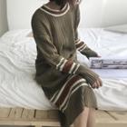 Contrast-trim Long-sleeve Midi Knit Dress