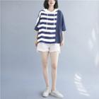 Elbow-sleeve Striped Panel Hoodie Stripes - Blue & White - One Size