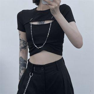 Short-sleeve Open-front Chain-accent Cropped Top Black - One Size