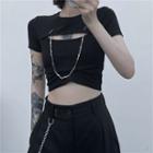 Short-sleeve Open-front Chain-accent Cropped Top Black - One Size