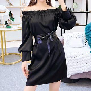 Off-shoulder Long-sleeve Minidress With Belt
