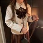 Padded Button Jacket / Velvet Pleated Midi A-line Skirt