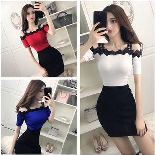 Color Block Cold Shoulder Short-sleeve Bodycon Dress