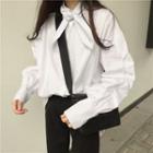 Plain Bow Long-sleeve Blouse Rash Guards - 9016 - White - One Size