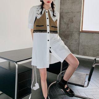 Puff-sleeve Plaid Panel Mini Shirt Dress