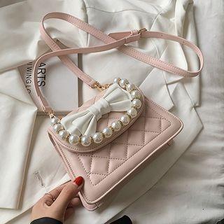 Faux Pearl Ribbon Quilted Faux Leather Crossbody Bag