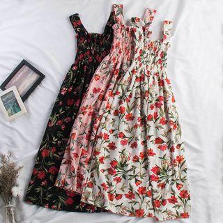 Flower Print Wide-strap A-line Midi Dress