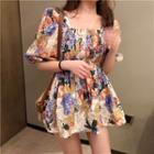 Puff-sleeve Floral Printed A-line Mini Dress As Shown In Figure - One Size