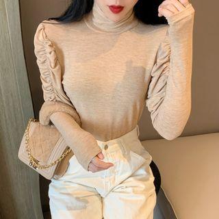 Short-sleeve Ruffled Mock Neck Plain Top
