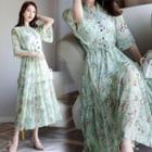 Short Sleeve Mandarin Collar Floral Print Chiffon Dress