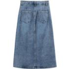 Puff-sleeve Dotted Blouse / Midi A-line Denim Skirt