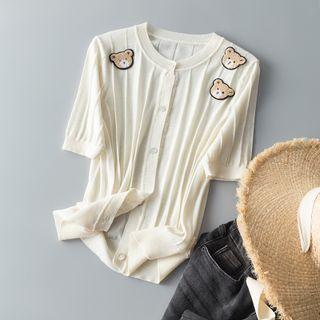 Short-sleeve Round-neck Embroidered Bear Knit Top