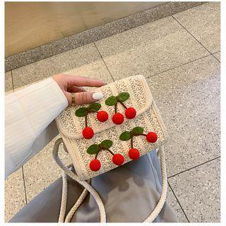 Cherry-accent Mini Woven Flap Crossbody Bag White - One Size